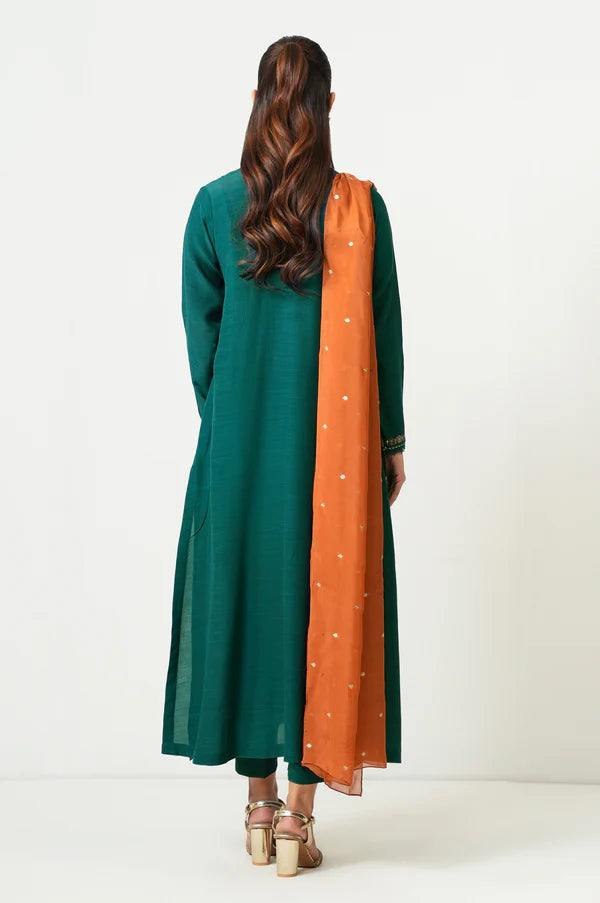 Stitched 3 Piece Embroidered Raw Silk Suit