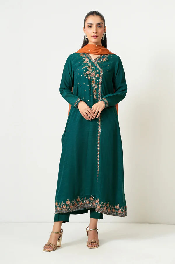 Stitched 3 Piece Embroidered Raw Silk Suit
