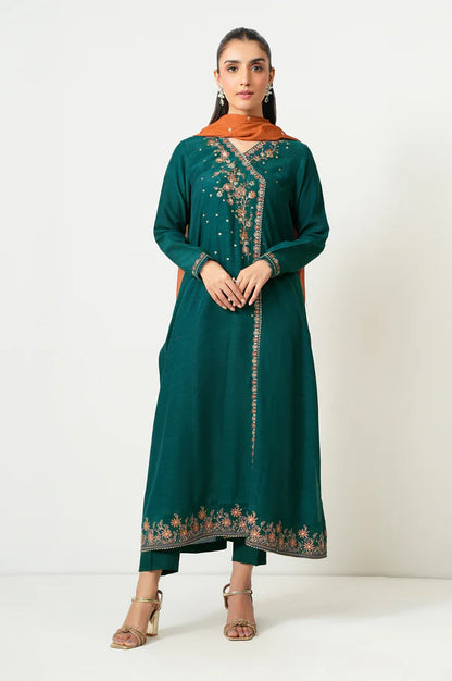 Stitched 3 Piece Embroidered Raw Silk Suit