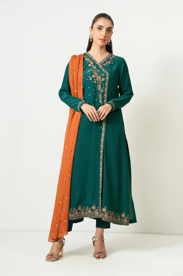 Stitched 3 Piece Embroidered Raw Silk Suit