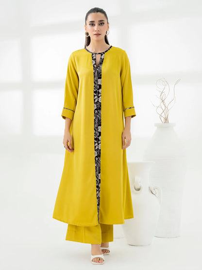 Yellow 2-piece Silk suit with printed slit shirt and wide-leg trouser