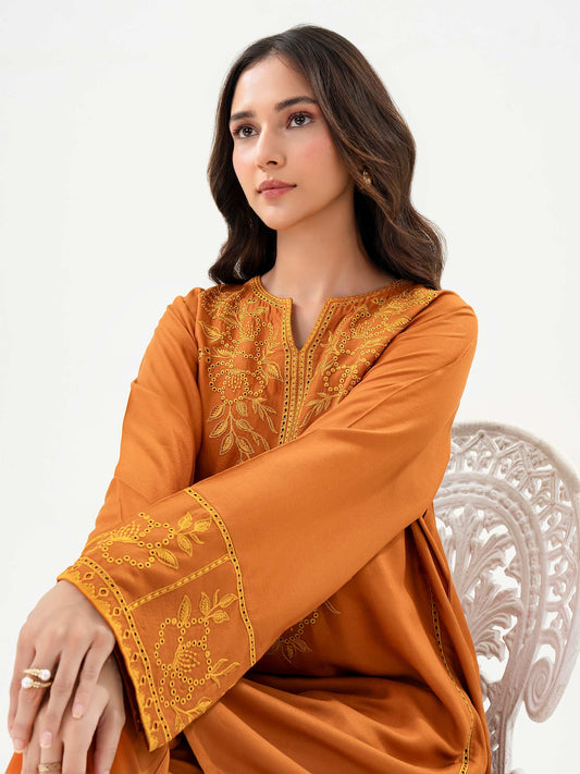 Yellow 2 Piece Crepe Suit with Embroidery