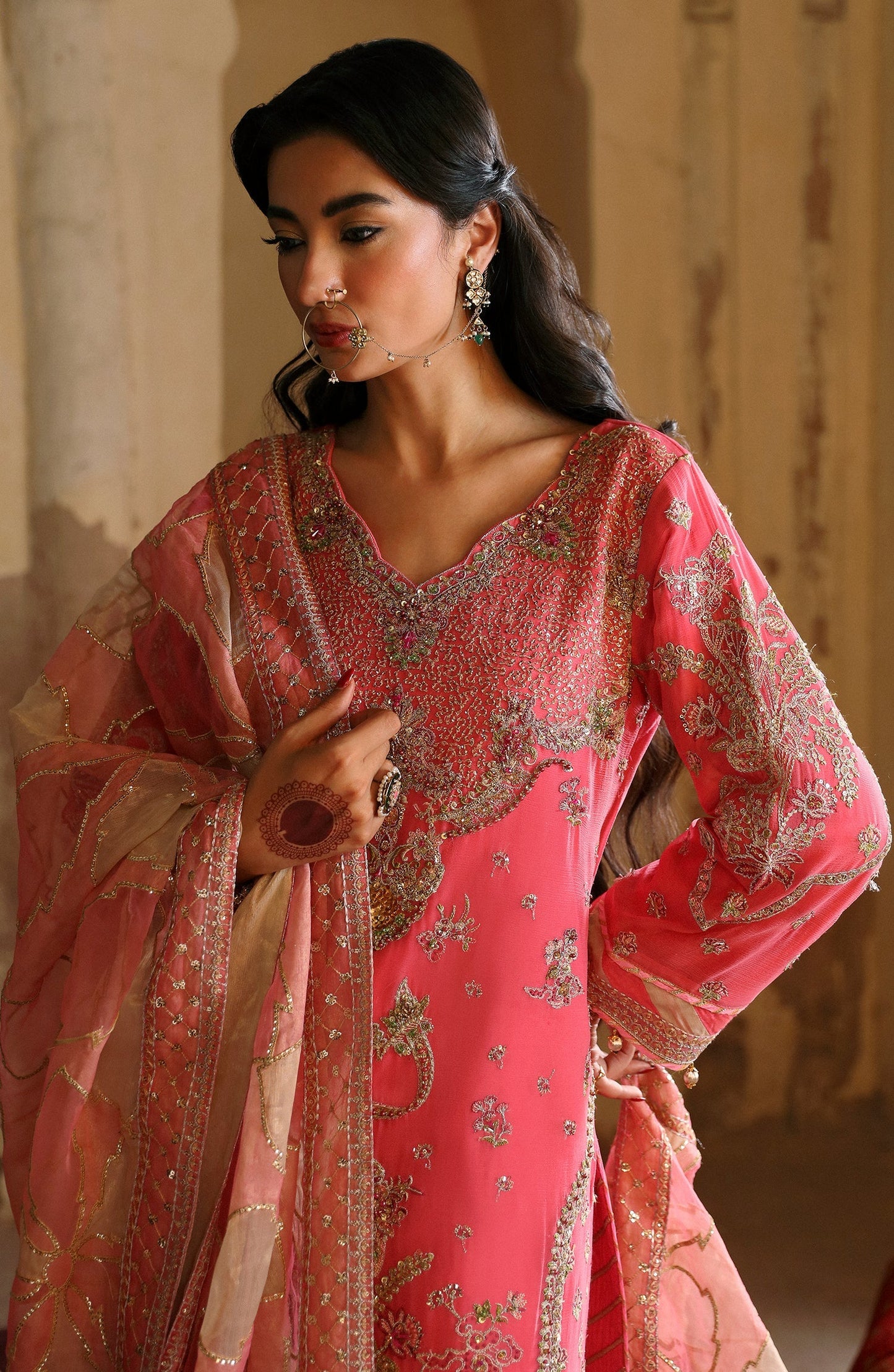 Detailed view of EA-Zaarbakht suit’s chiffon embroidered sleeves