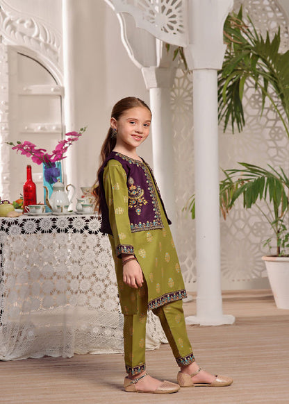 Girls' 3-piece Koti-style kurta set in Dhani green
