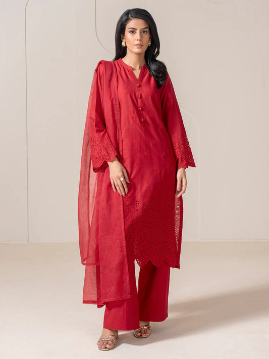 3 Piece Lawn Suit-Embroidered Red (Pret)