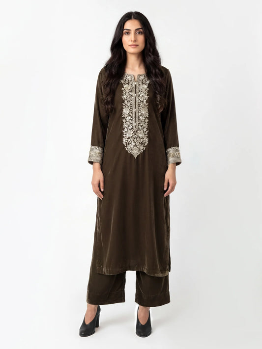 2 Piece Velvet Suit- Embroidered (Pret)
