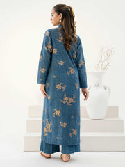 back view of Blue 2 Piece Khaddar Suit with Paste Print