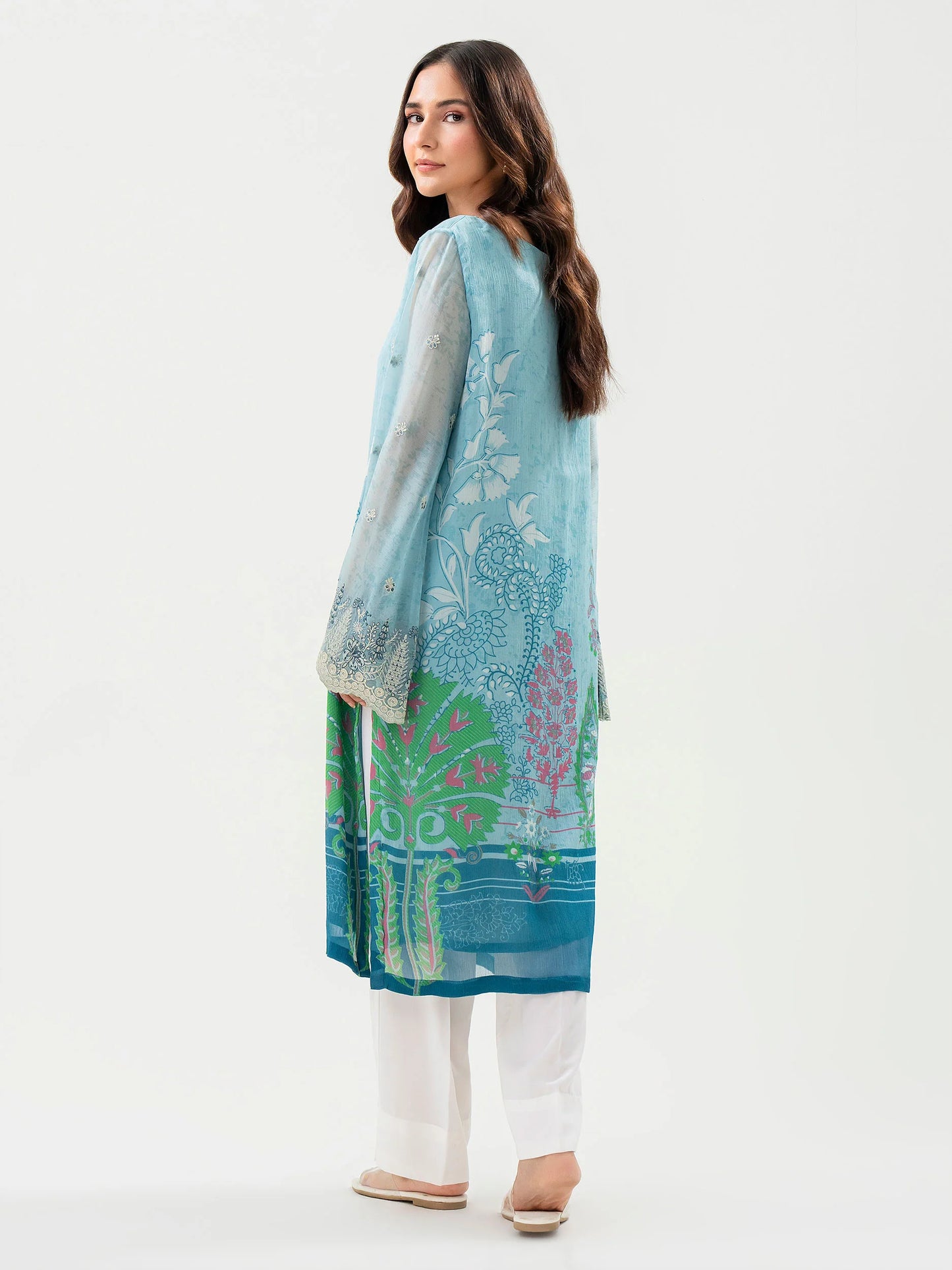 back view of Blue Chiffon Embroidered Shirt