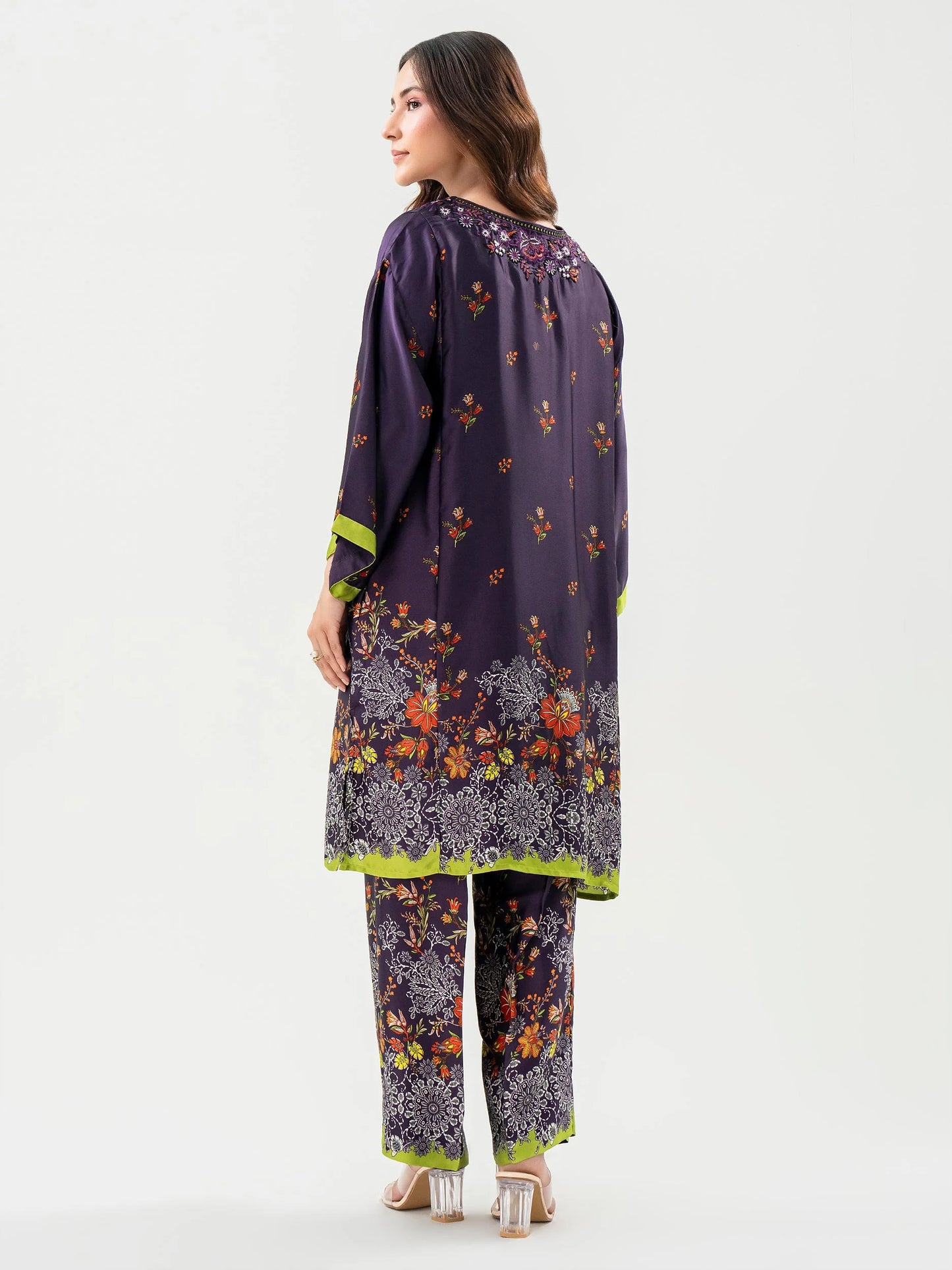 back view of Purple 2 Piece Silk Suit with Embroidered Shirt