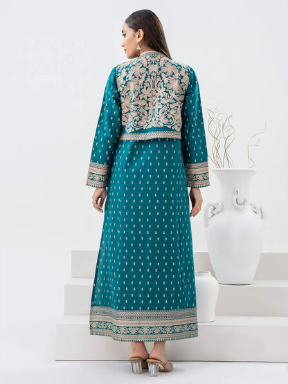 back view of Teal Khaddar Shirt with Bolero - Gold Paste Print