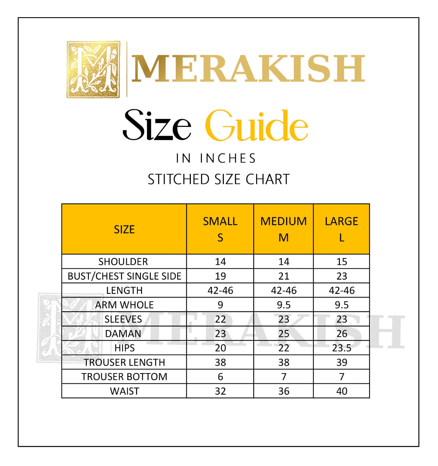 size chart of merakish dresses - suits