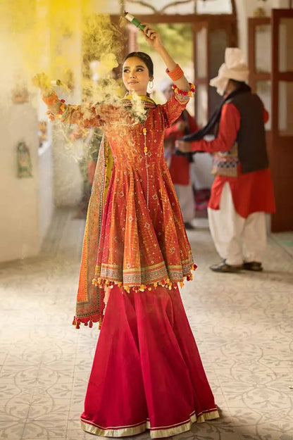 3PC Gold Printed Lawn Stitched Gharara Suit