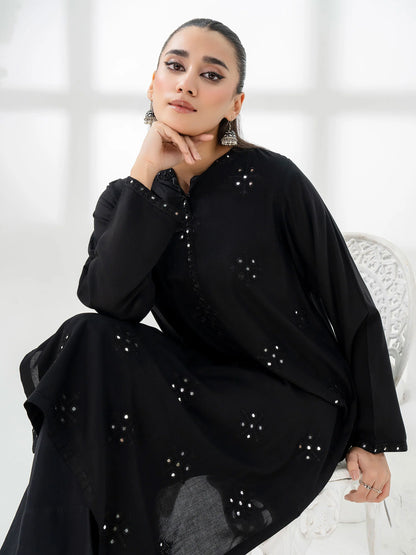 closeup Black Linen shirt with embroidered detailing