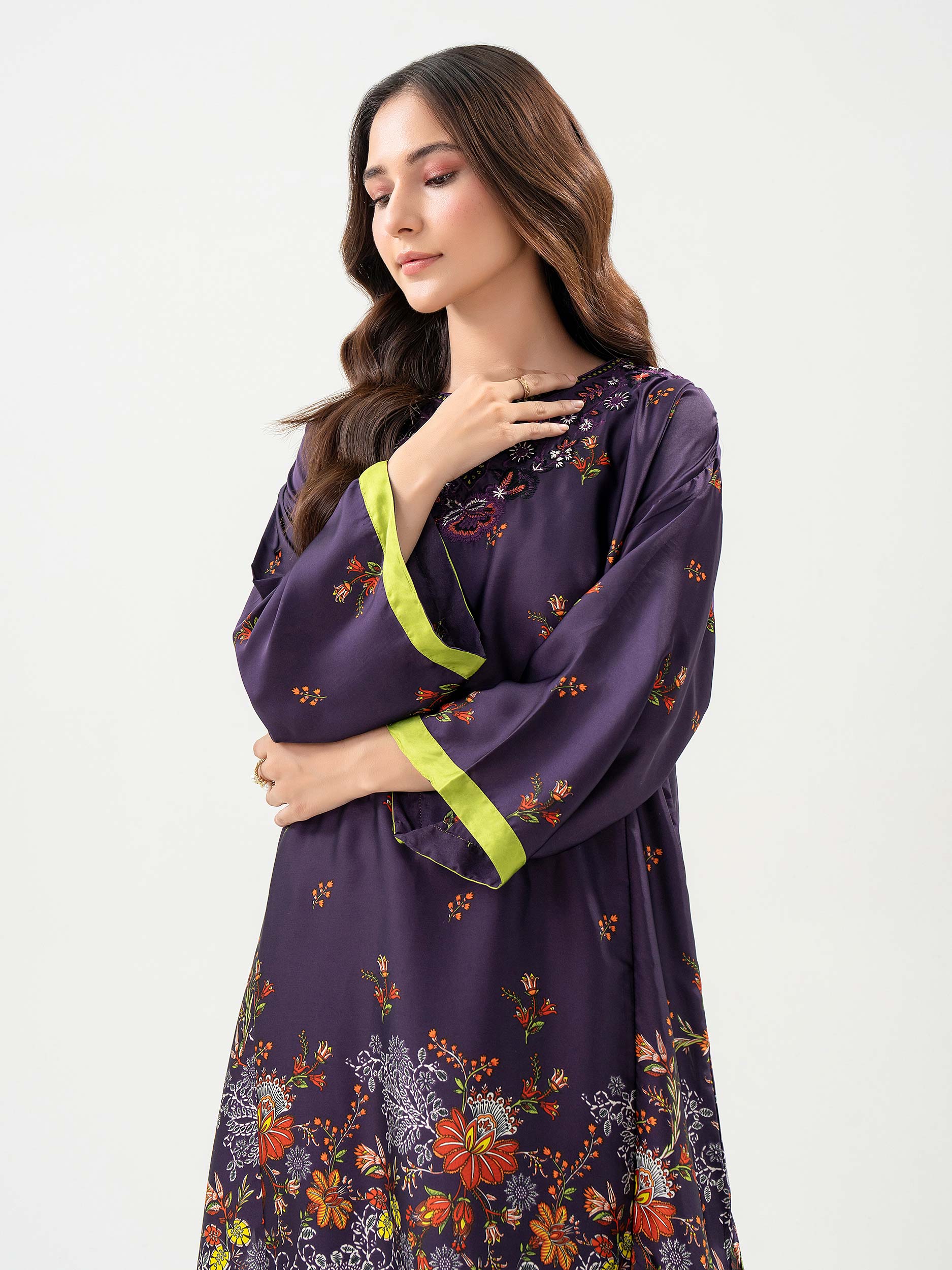 closeup Purple 2 Piece Silk Suit with Embroidered Shirt