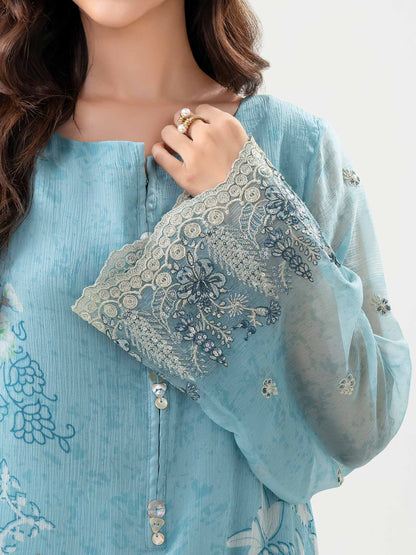 closeup view Blue Chiffon Embroidered Shirt