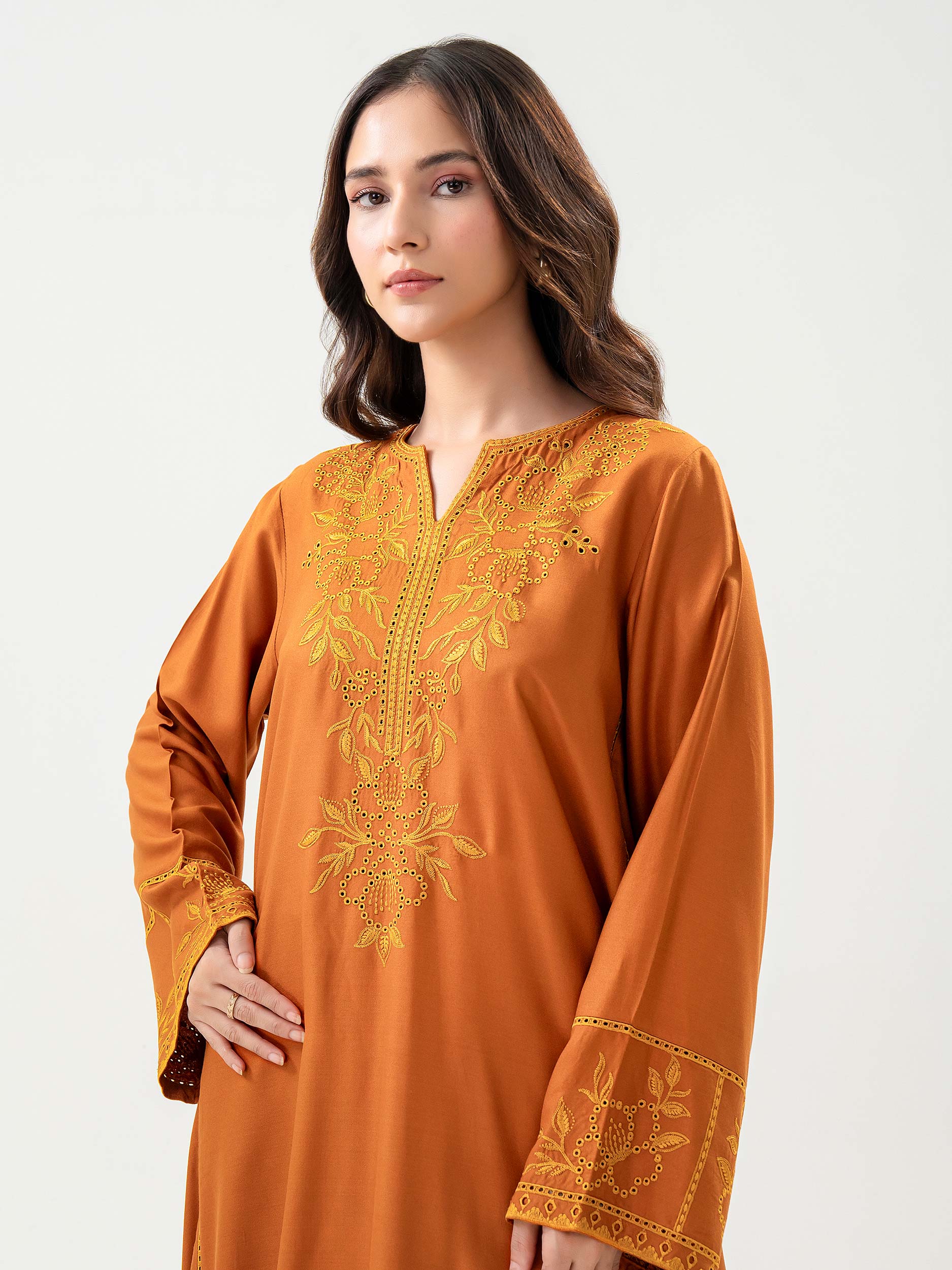 closeup view of Yellow 2 Piece Crepe Suit with Embroidery