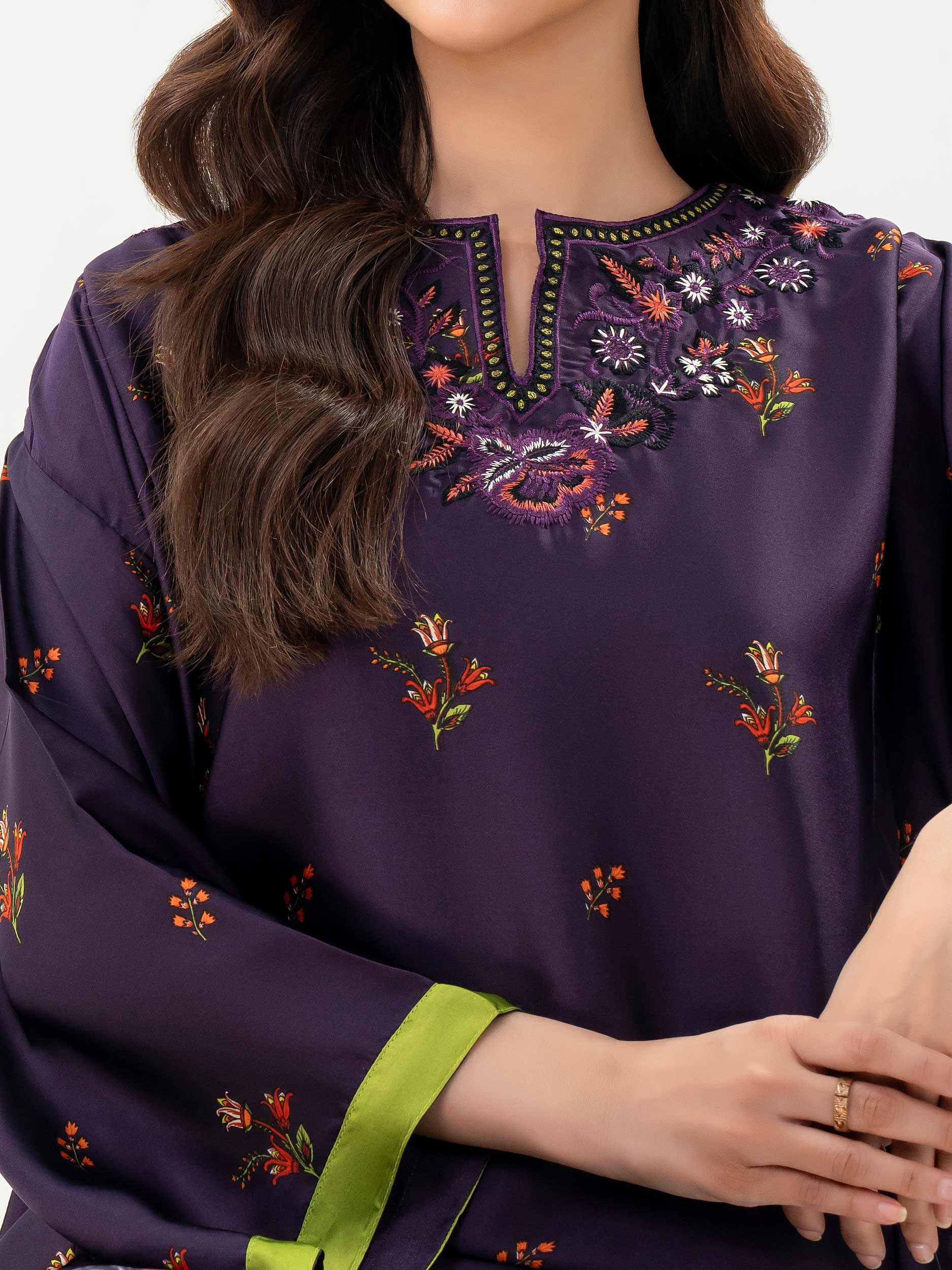 detailed shirt view Purple 2 Piece Silk Suit with Embroidered Shirt