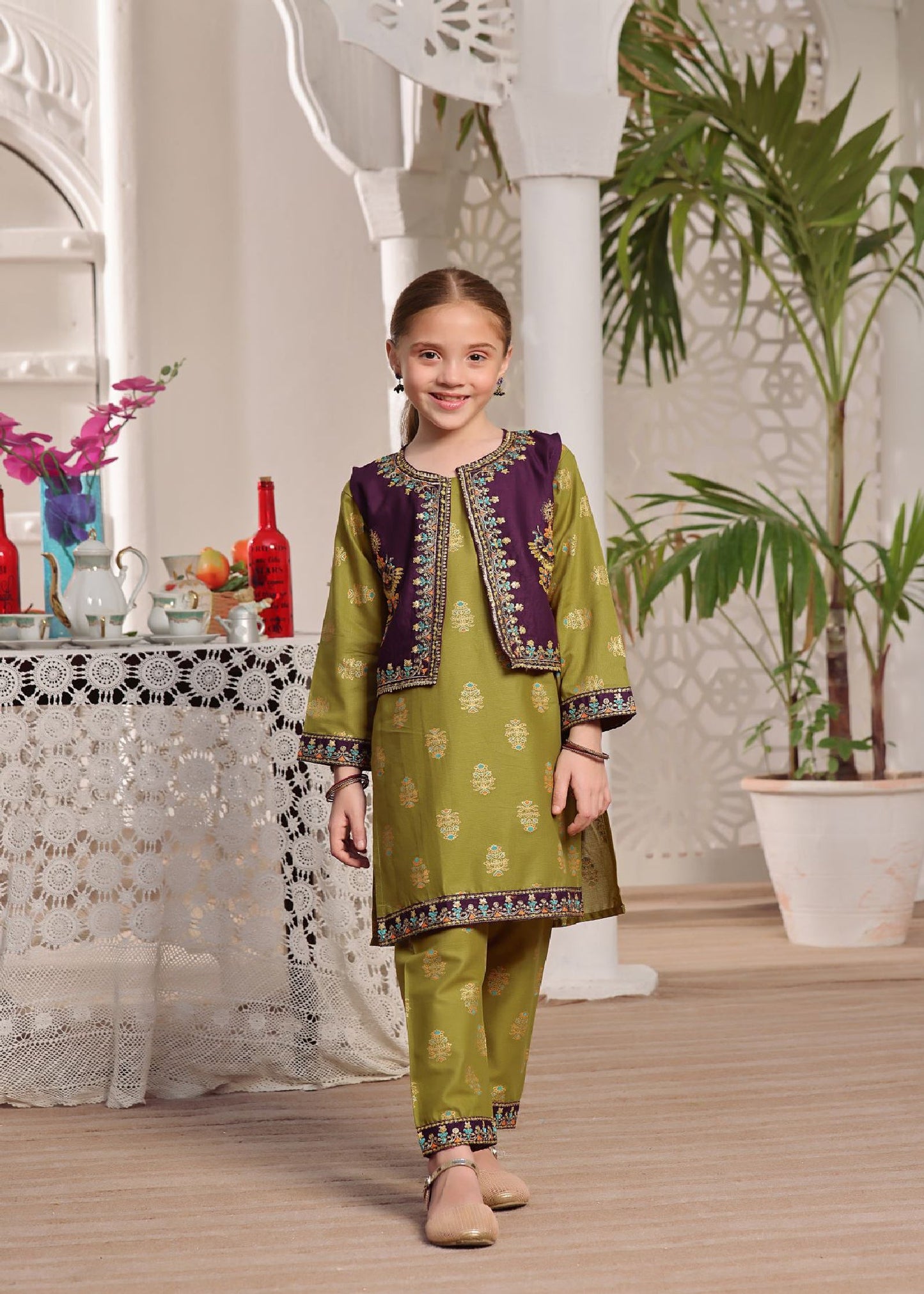 Eastern wear Dhani green kurta set with embroidered Koti