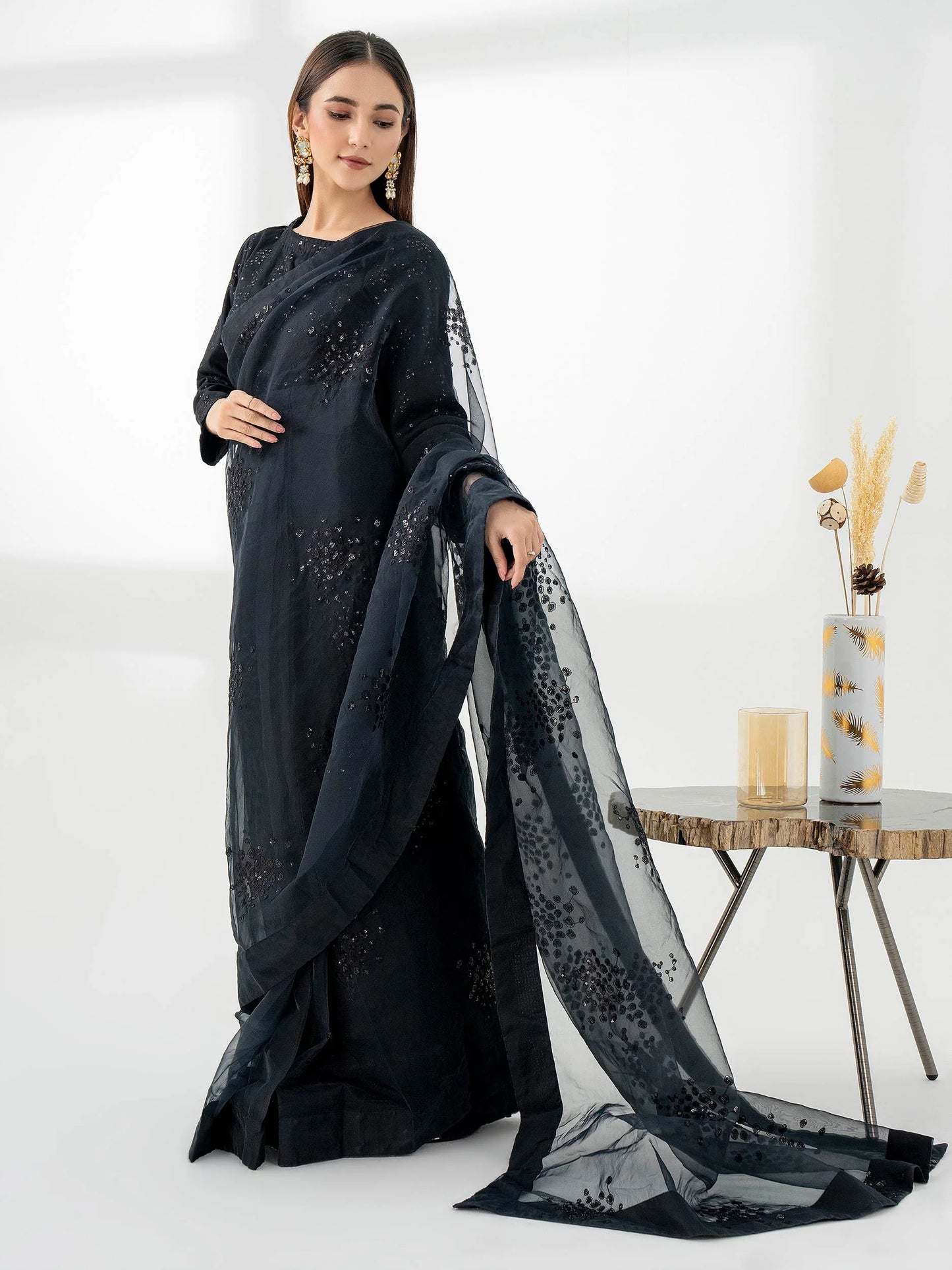 Black Sequin Embroidered Saree for Women