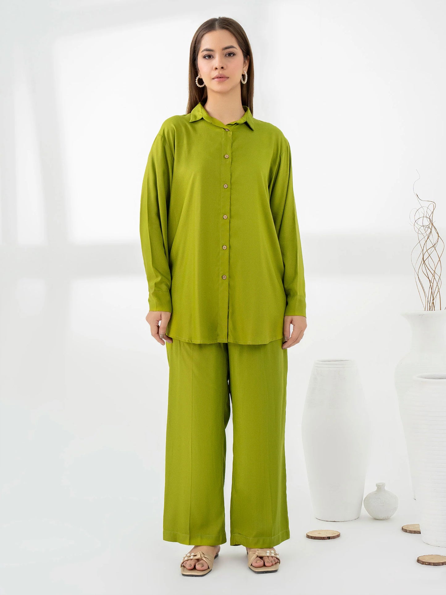 front-view-Dyed-Crepe-Co-Ord-Set-Pret-Green