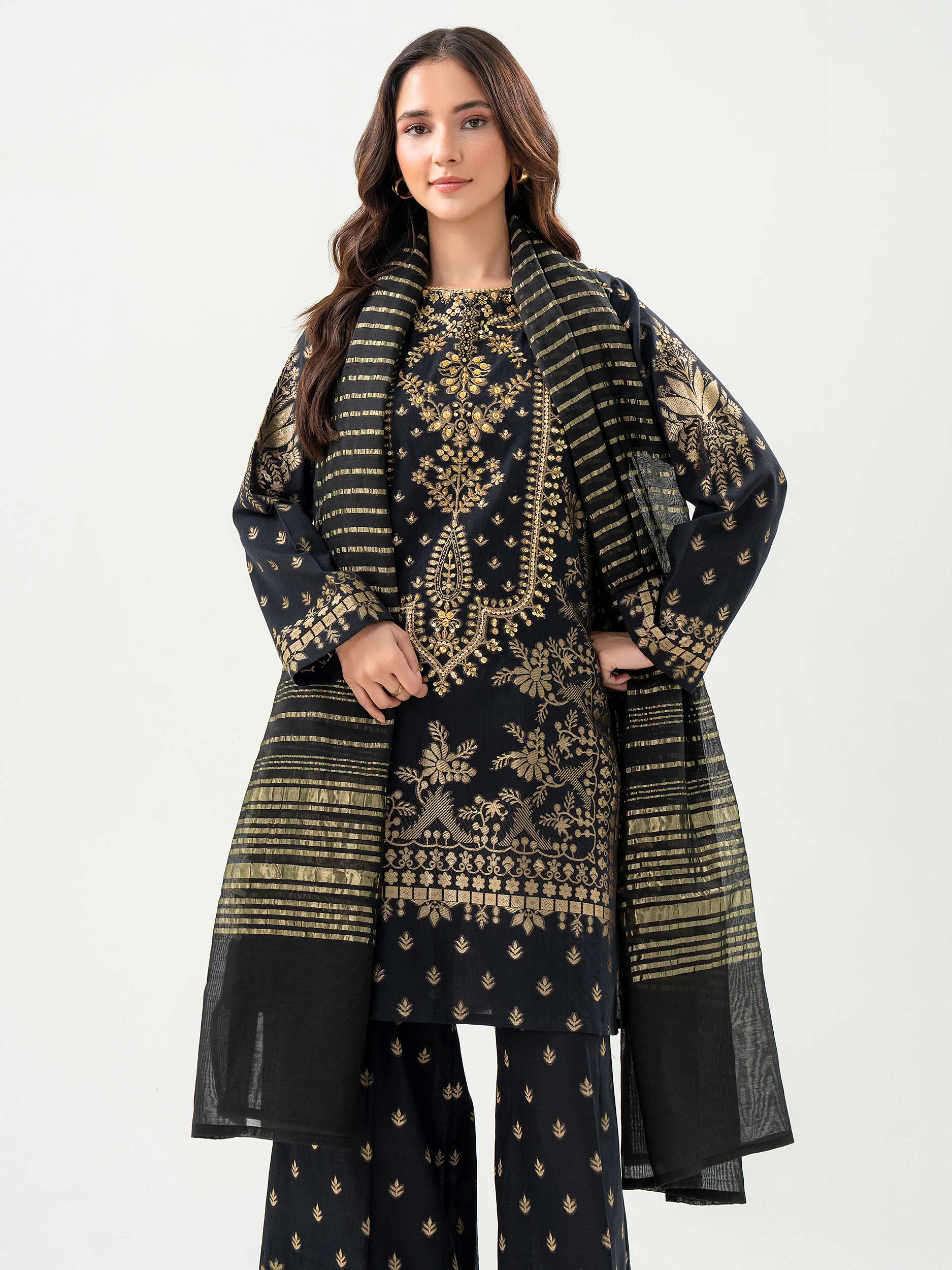 front view full view of Black 3 Piece Jacquard Suit with Embellished Shirt Zari Shawl