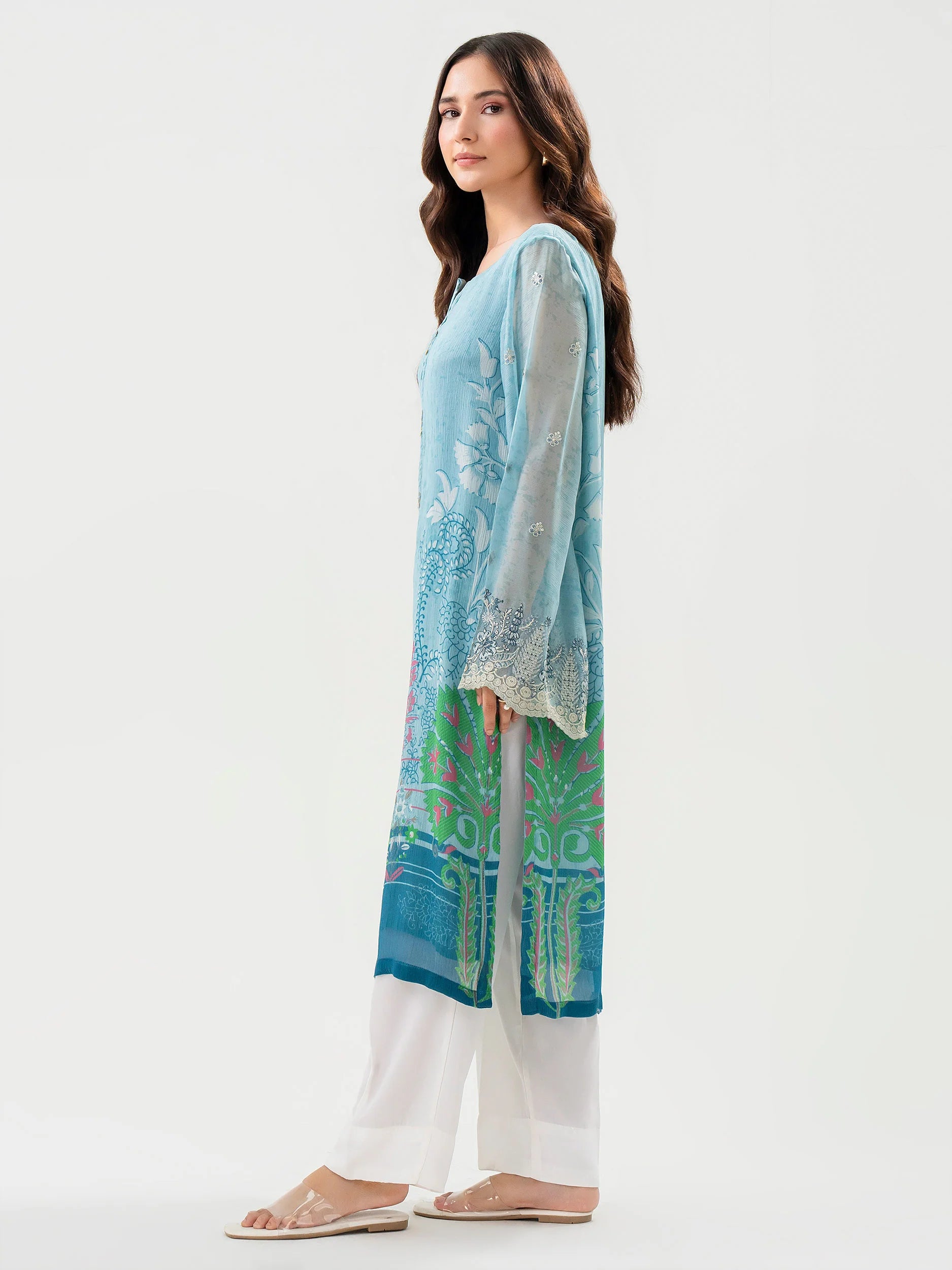 full side view Blue Chiffon Embroidered Shirt