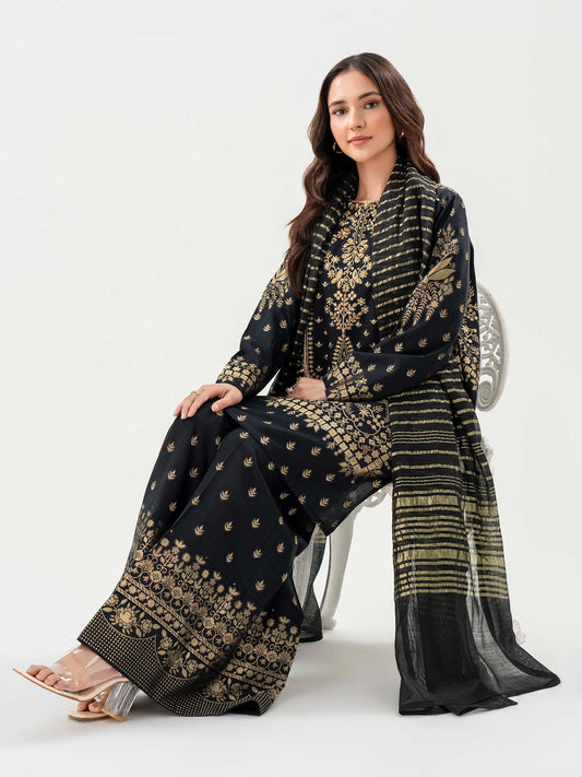 full view of Black 3 Piece Jacquard Suit with Embellished Shirt Zari Shawl