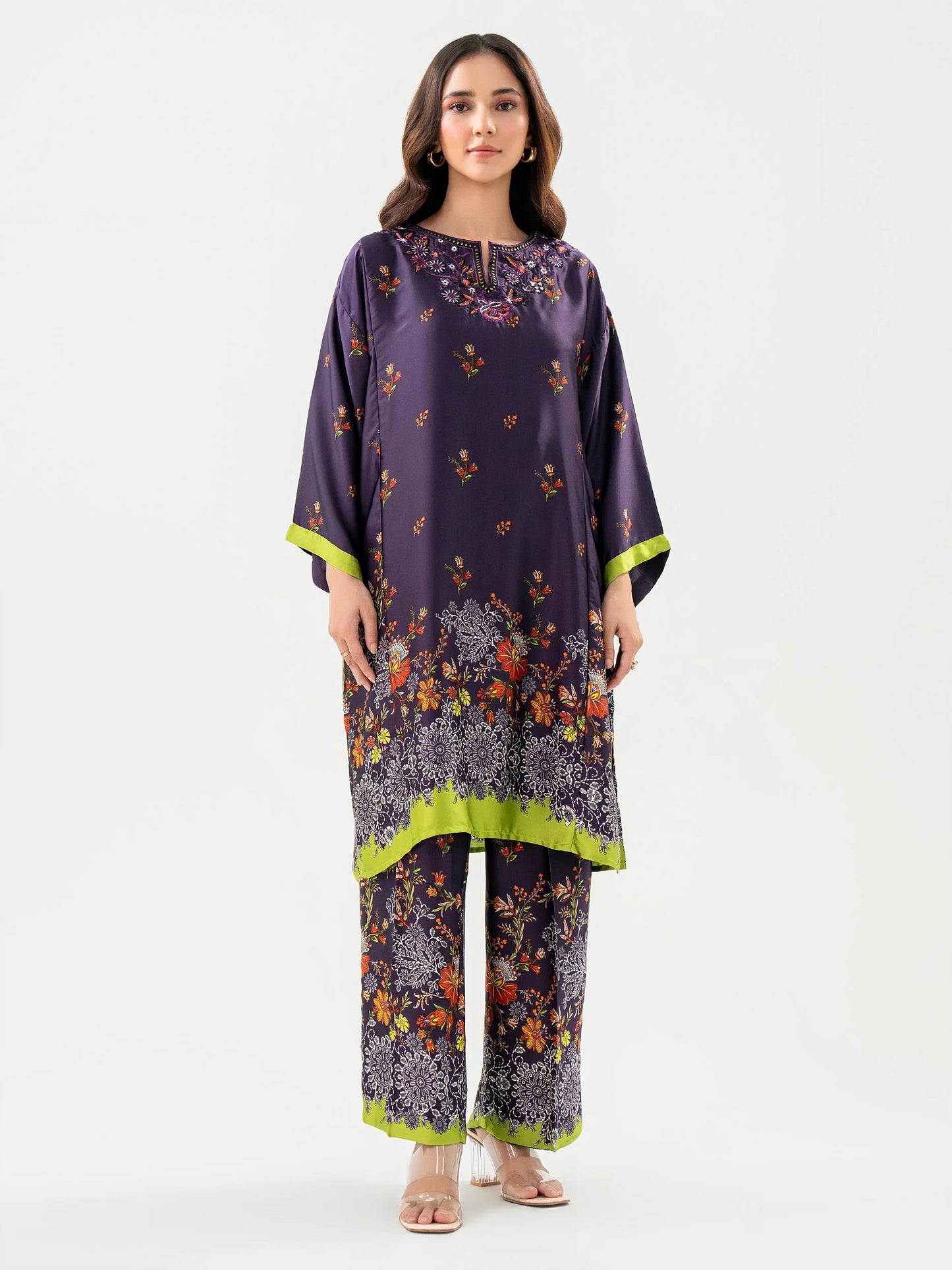 full view of Purple 2 Piece Silk Suit with Embroidered Shirt