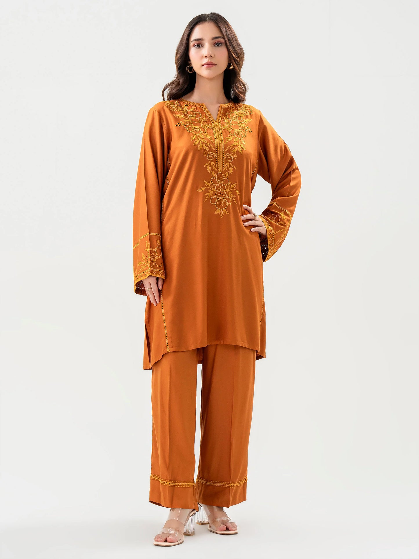 full view of Yellow 2 Piece Crepe Suit with Embroidery