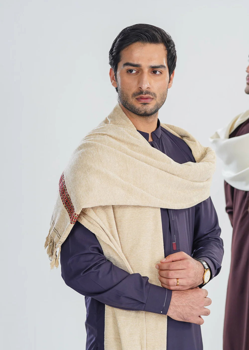Beige Jacquard Velvet Shawl - Men