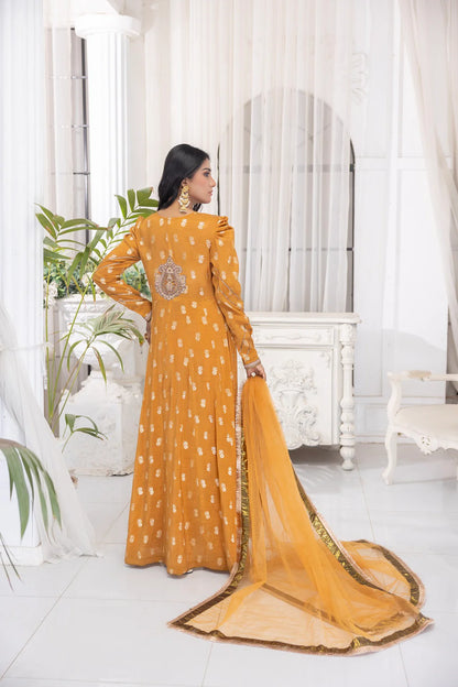 NF-6435 Mustard Jacquard Stitched Frock