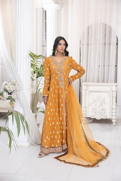 NF-6435 Mustard Jacquard Stitched Frock