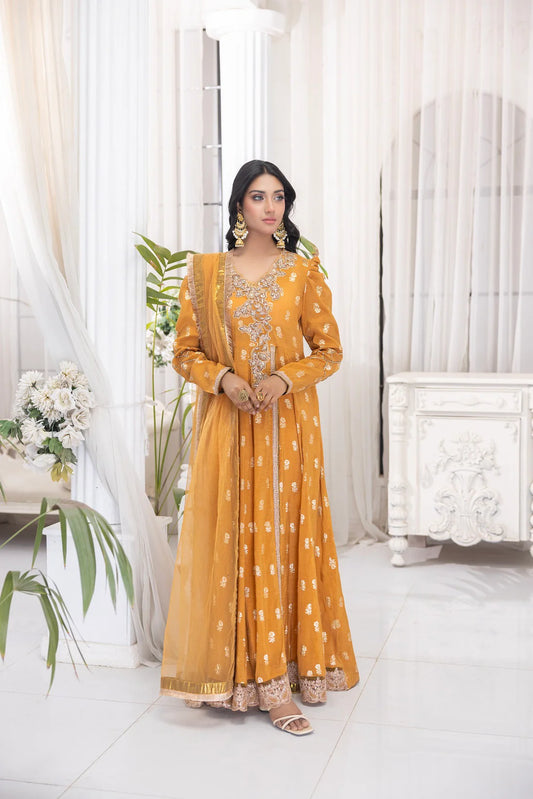 NF-6435 Mustard Jacquard Stitched Frock
