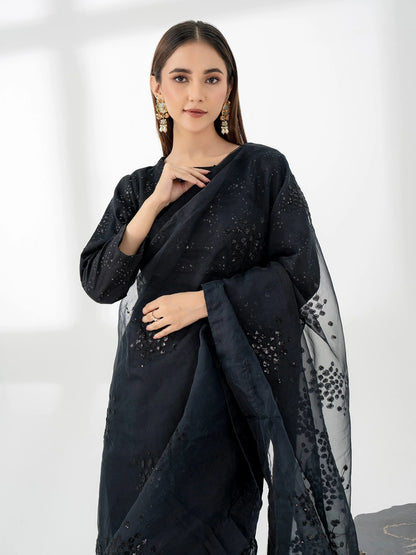 model-wearing-2-Piece-Organza-Saree-Embroidered-Pret-black