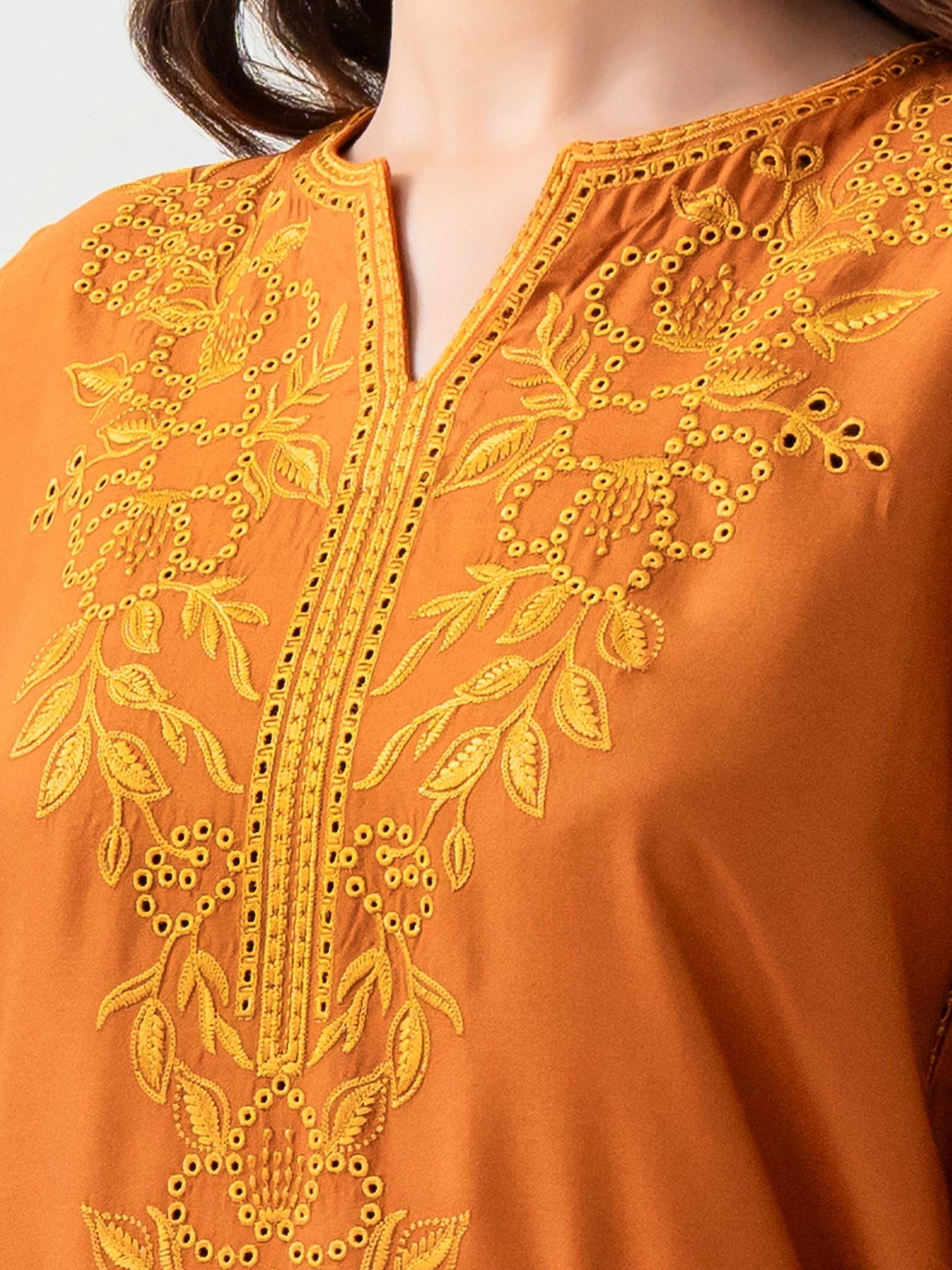 neck view Yellow 2 Piece Crepe Suit with Embroidery