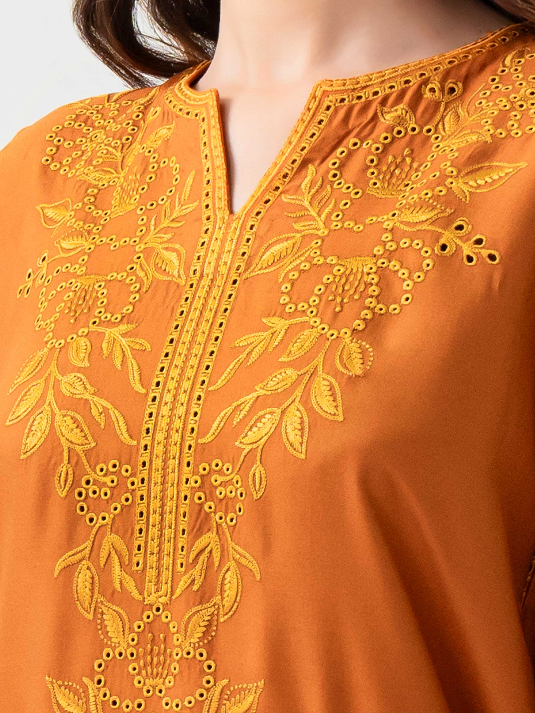 neck view Yellow 2 Piece Crepe Suit with Embroidery