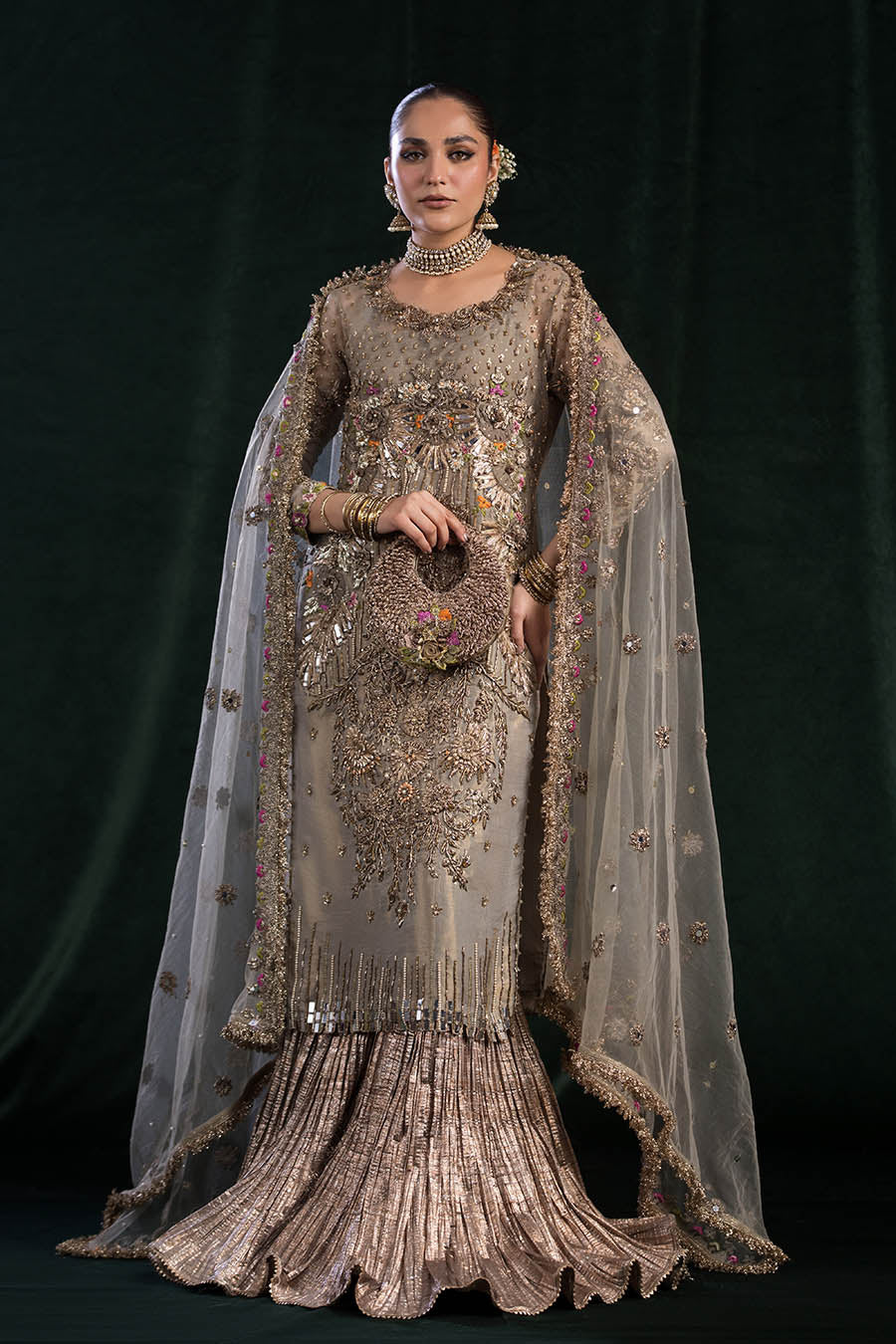 P-260 Golden Brown Hand Embroidered Sharara Suit with Dupatta and  (Optional) Pouch