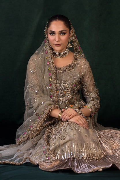 Front view of Golden Brown Hand Embroidered Sharara Suit with Dupatta