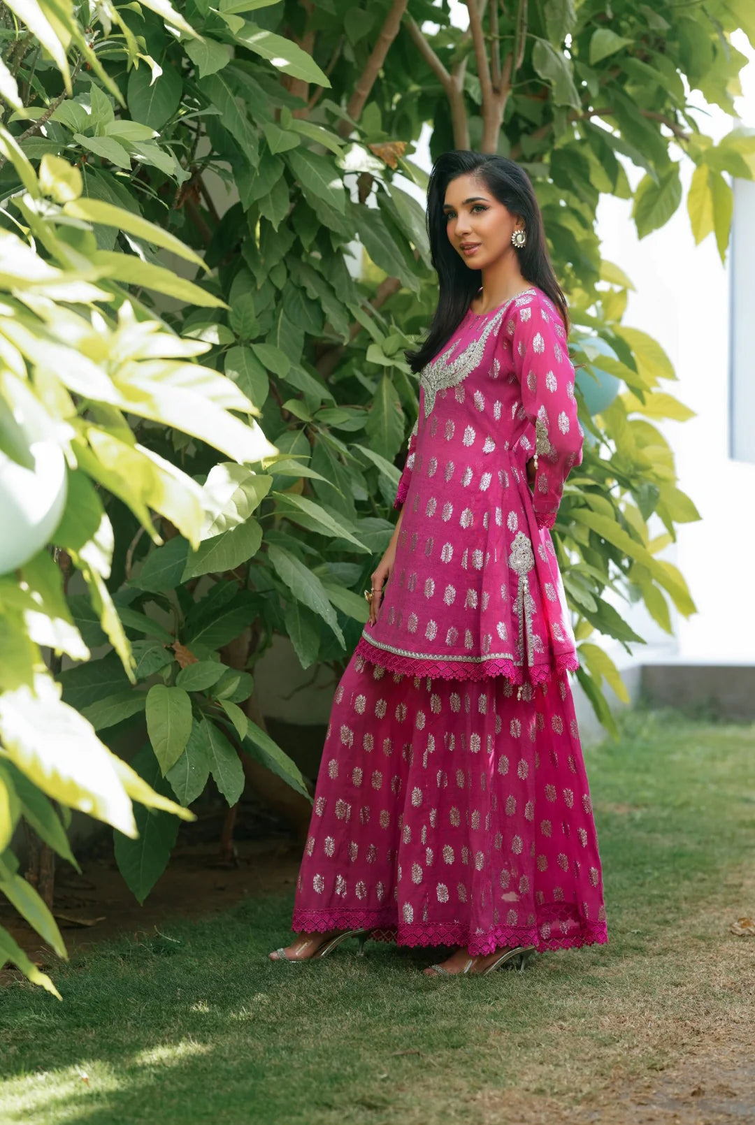 Nf-61466 Shocking Pink Jacquard dress