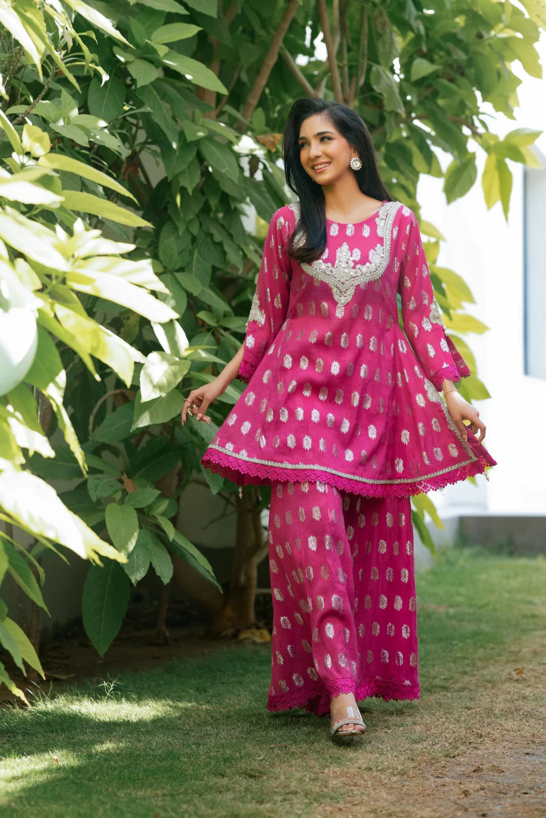 Nf-61466 Shocking Pink Jacquard dress