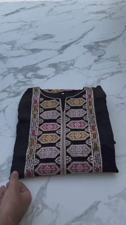 Premium Silk Afghani Embroidered Shirt with Patiala Salwar & Printed Dupatta – 3 Piece Set