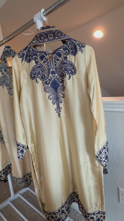 Shamoz Silk Embroidered Off-White Gold Long Shirt Set – 3 Piece | Ready to Ship