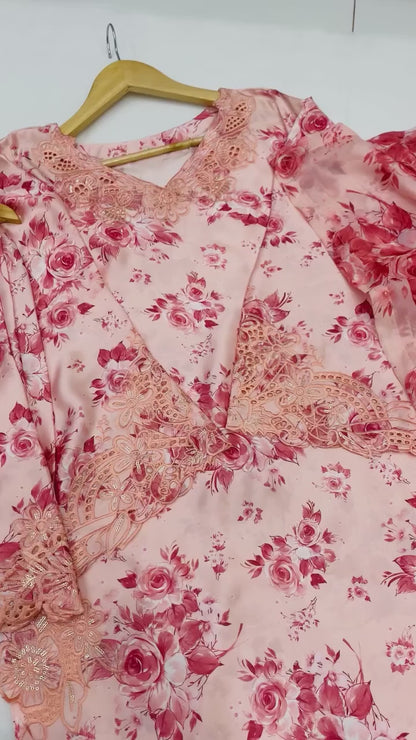 Floral Digital Printed Silk Long Shirt with Palazzo & Silk Dupatta – 3 Piece Set