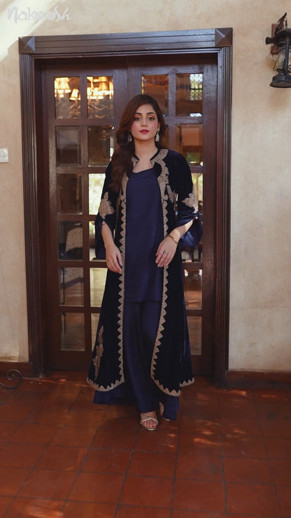 3 Piece NF-5499 Navy Blue Velvet With Upper Stitched Shirt