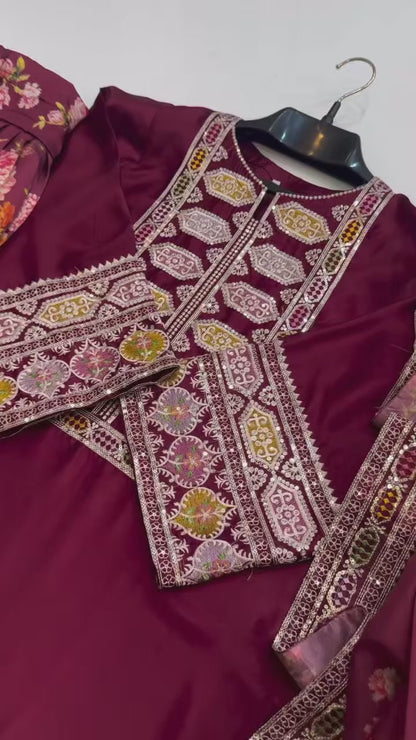 Premium Silk Afghani Embroidered Shirt with Patiala Salwar & Printed Dupatta – 3 Piece Set