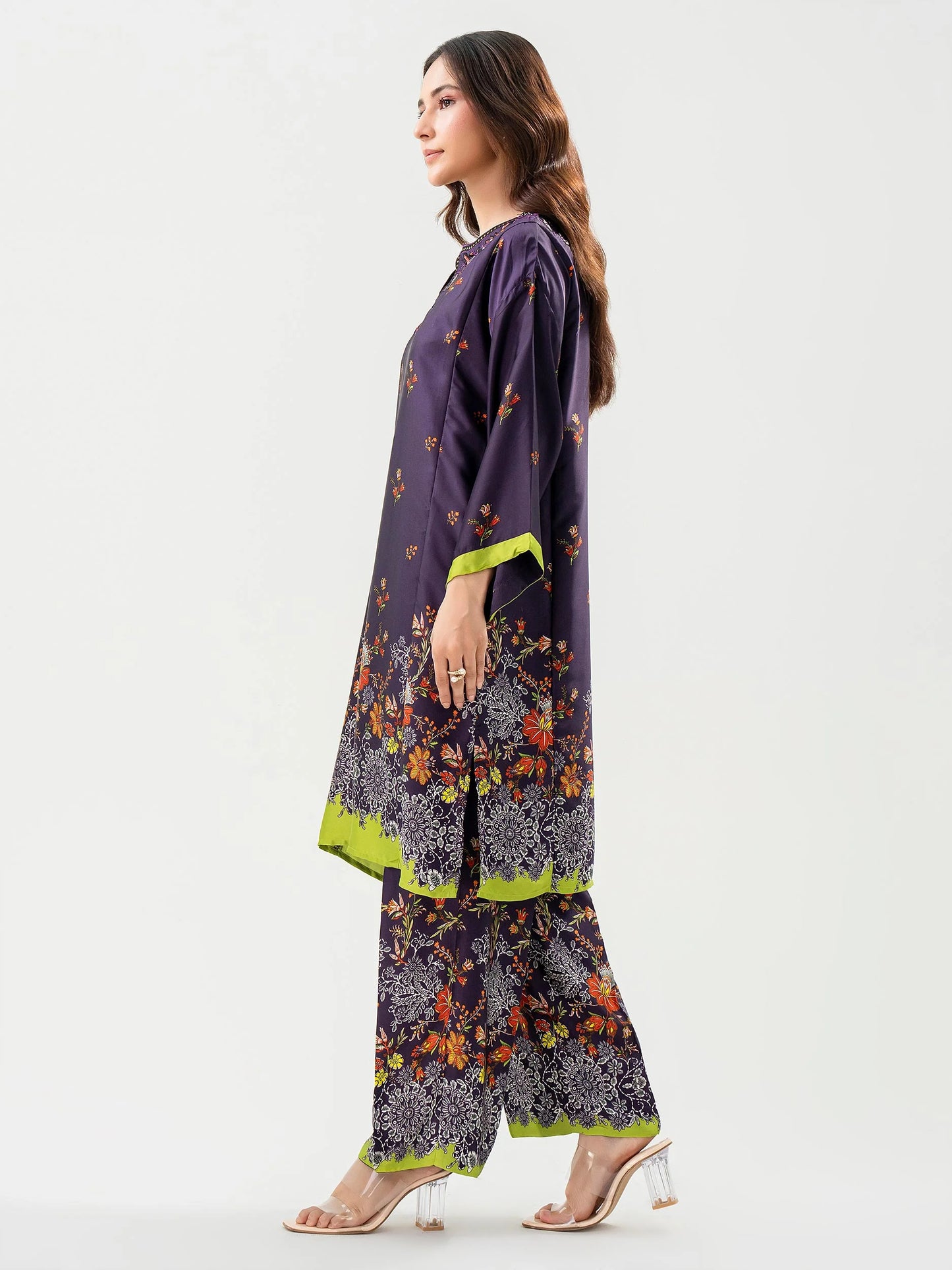 side view of Purple 2 Piece Silk Suit with Embroidered Shirt