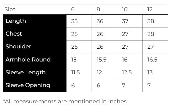 size chart of grey khaddar kurti from Mahaba Studio