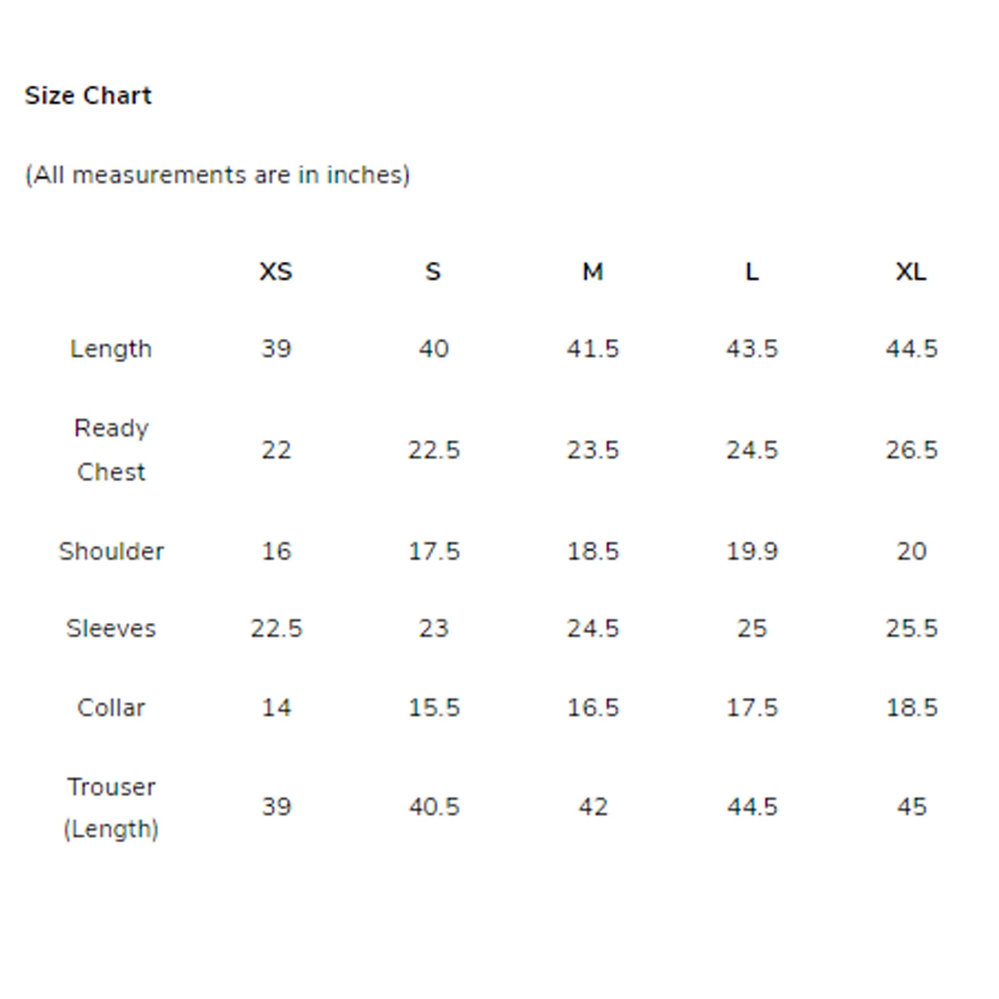 size chart of Leaf Green Stitched Kurta & Trouser for Men