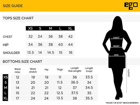 size chart of Model showcasing Festival 3 Piece - Ego Brand Size Guide